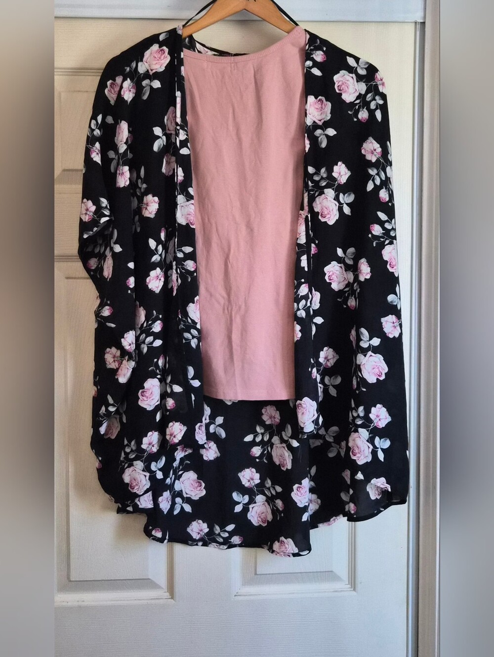 Black Floral Open Top with Pink Roses Cardigan